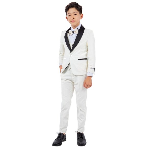 Stacy Adams Boys Ivory Tuxedo Set, 5-Piece Black Shawl Collar - Picture 6 of 7